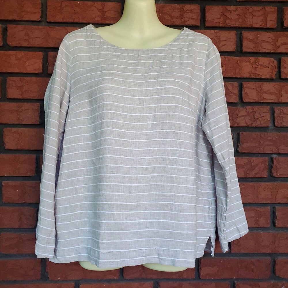 100% Linen Striped Top Sz M Taupe Lagenlook Minimalist Coastal Lagom Neutral